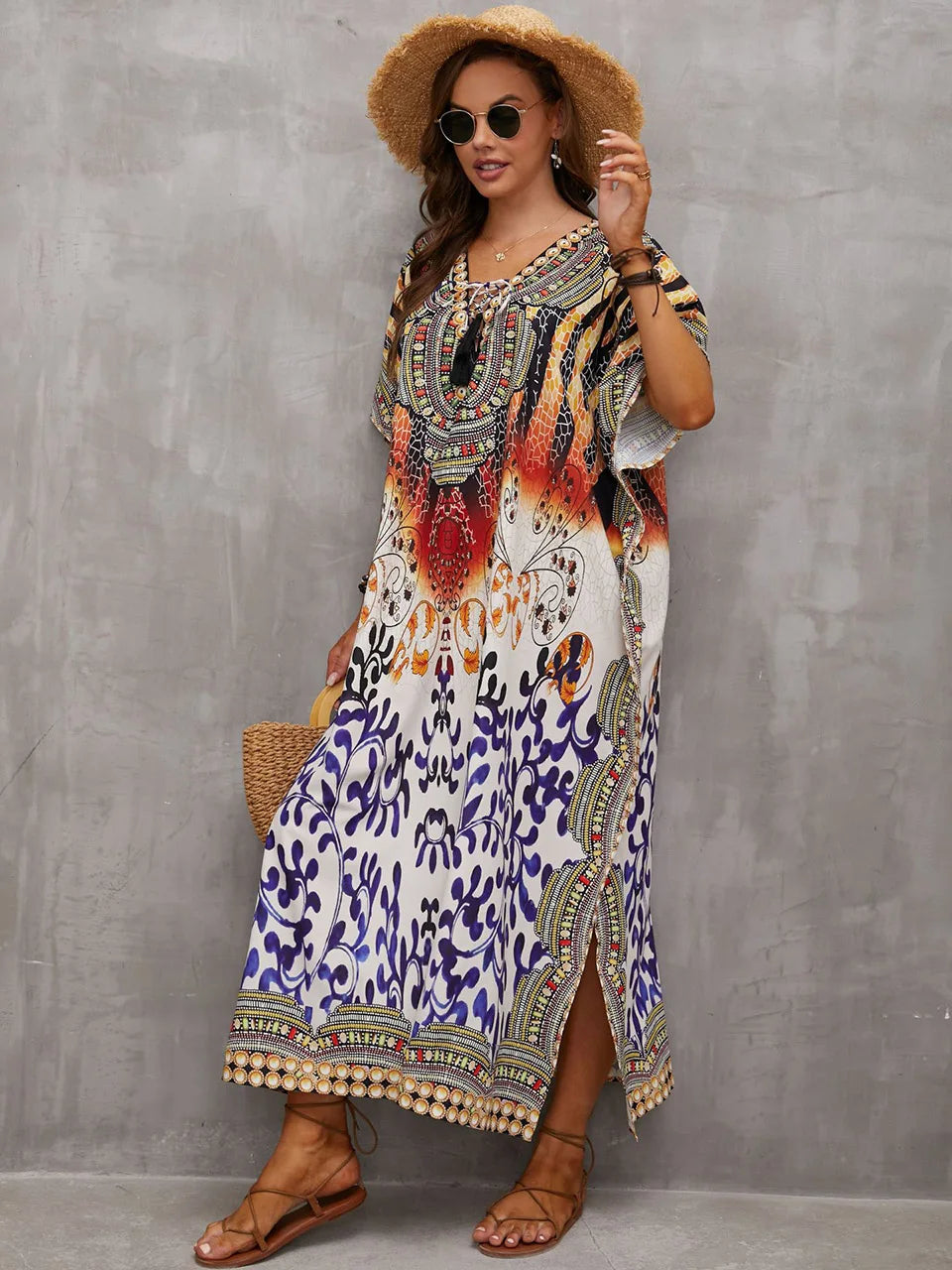 2023 Priint Maxi Dress Beach Cover Up Kaftan Robe Plage Pareos V Neck Long Dresses Summer Women Bathing Suit Cover Up Beachwear