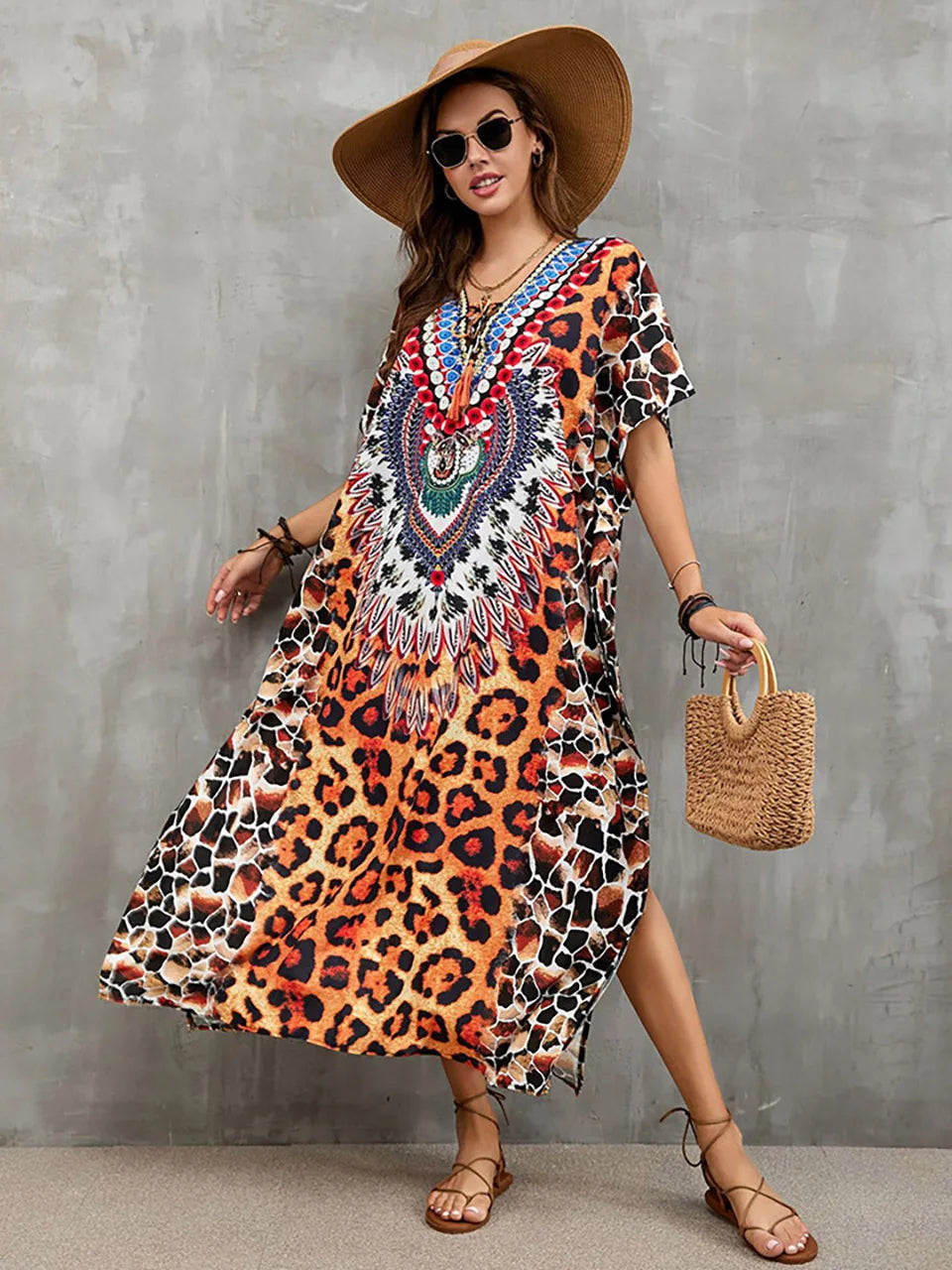 2023 Priint Maxi Dress Beach Cover Up Kaftan Robe Plage Pareos V Neck Long Dresses Summer Women Bathing Suit Cover Up Beachwear
