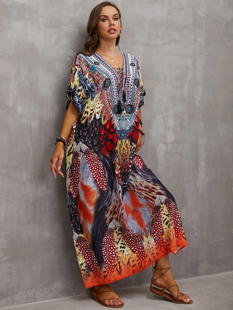 2023 Priint Maxi Dress Beach Cover Up Kaftan Robe Plage Pareos V Neck Long Dresses Summer Women Bathing Suit Cover Up Beachwear