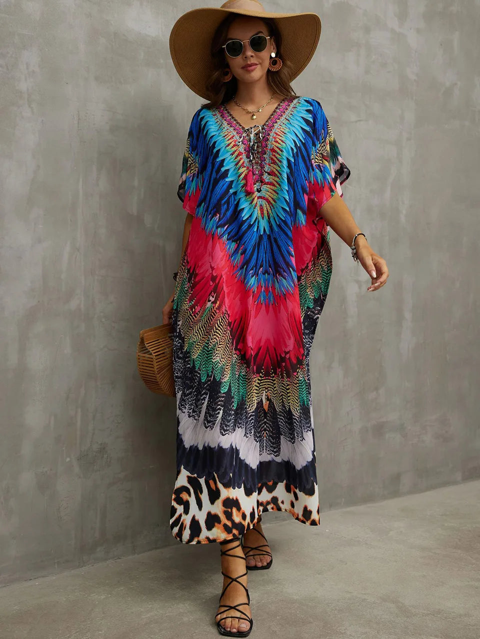 2023 Priint Maxi Dress Beach Cover Up Kaftan Robe Plage Pareos V Neck Long Dresses Summer Women Bathing Suit Cover Up Beachwear
