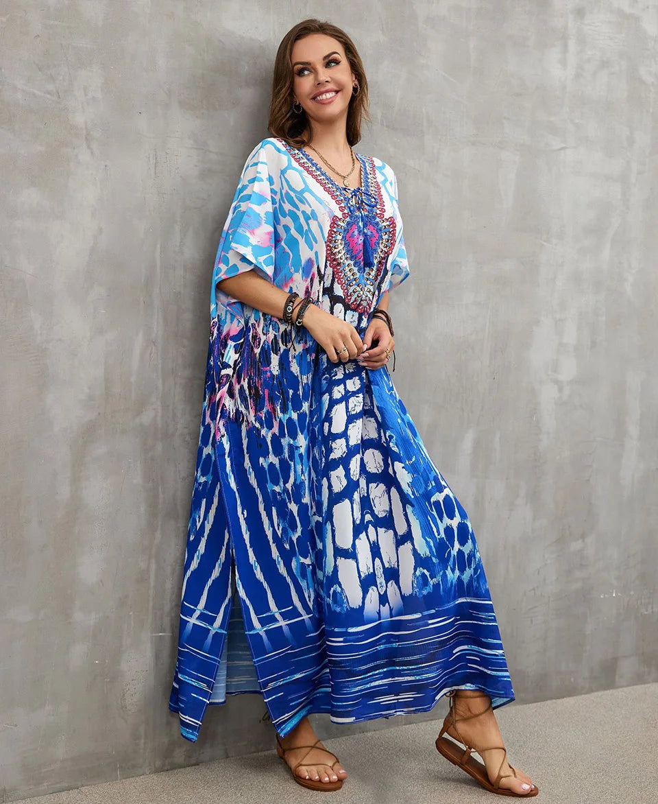 2023 Priint Maxi Dress Beach Cover Up Kaftan Robe Plage Pareos V Neck Long Dresses Summer Women Bathing Suit Cover Up Beachwear