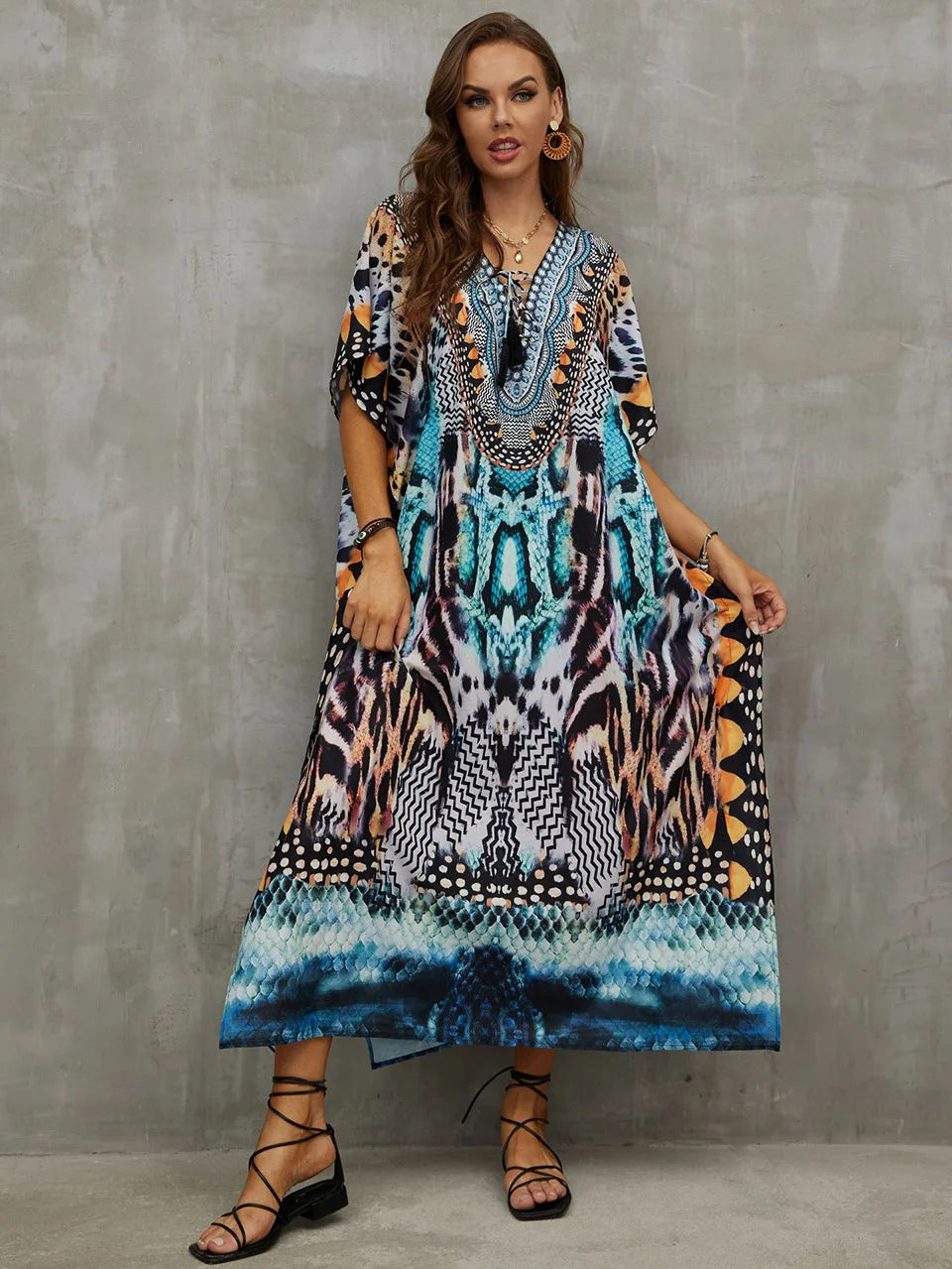2023 Priint Maxi Dress Beach Cover Up Kaftan Robe Plage Pareos V Neck Long Dresses Summer Women Bathing Suit Cover Up Beachwear