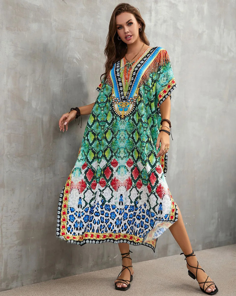 2023 Priint Maxi Dress Beach Cover Up Kaftan Robe Plage Pareos V Neck Long Dresses Summer Women Bathing Suit Cover Up Beachwear