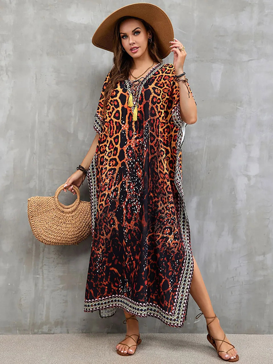 2023 Priint Maxi Dress Beach Cover Up Kaftan Robe Plage Pareos V Neck Long Dresses Summer Women Bathing Suit Cover Up Beachwear