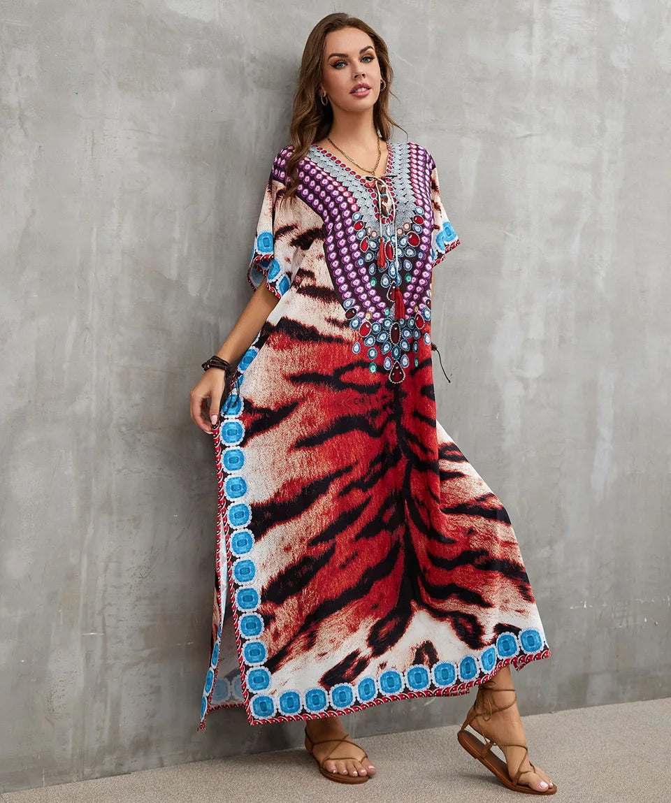 2023 Priint Maxi Dress Beach Cover Up Kaftan Robe Plage Pareos V Neck Long Dresses Summer Women Bathing Suit Cover Up Beachwear