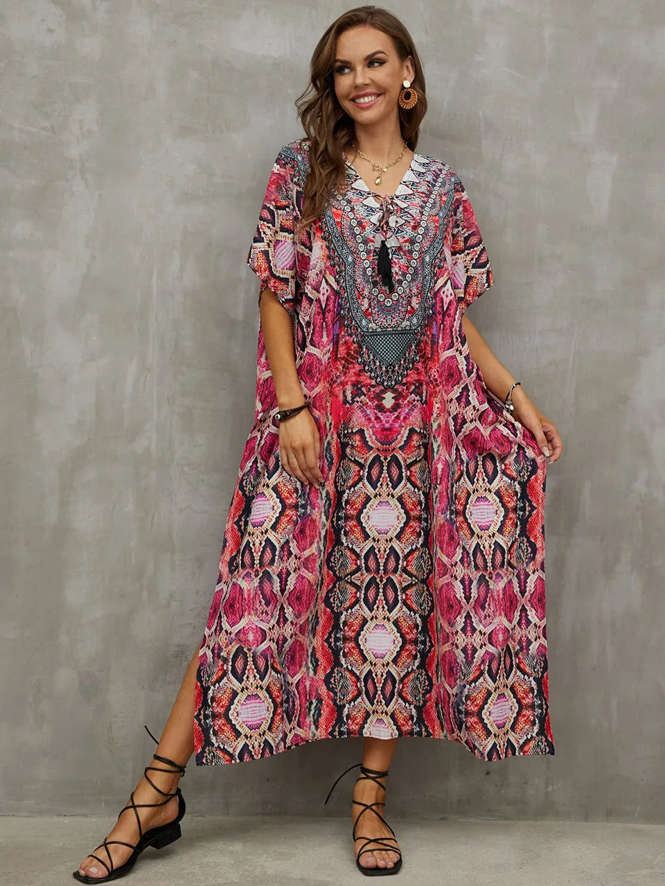 2023 Priint Maxi Dress Beach Cover Up Kaftan Robe Plage Pareos V Neck Long Dresses Summer Women Bathing Suit Cover Up Beachwear