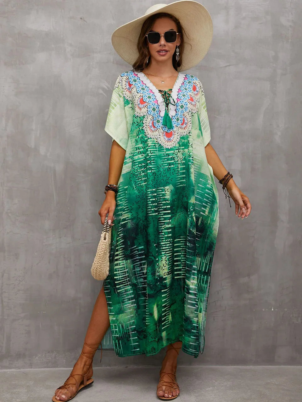 2023 Priint Maxi Dress Beach Cover Up Kaftan Robe Plage Pareos V Neck Long Dresses Summer Women Bathing Suit Cover Up Beachwear