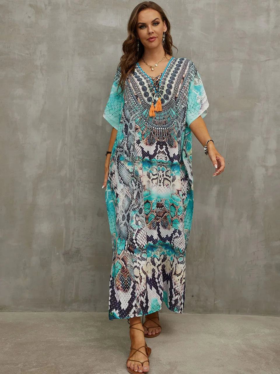 2023 Priint Maxi Dress Beach Cover Up Kaftan Robe Plage Pareos V Neck Long Dresses Summer Women Bathing Suit Cover Up Beachwear