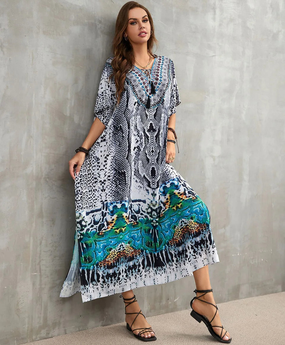 2023 Priint Maxi Dress Beach Cover Up Kaftan Robe Plage Pareos V Neck Long Dresses Summer Women Bathing Suit Cover Up Beachwear
