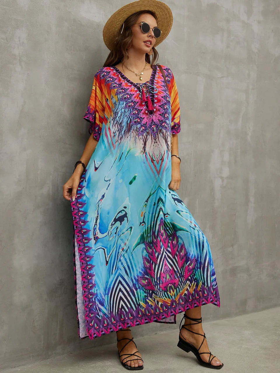 2023 Priint Maxi Dress Beach Cover Up Kaftan Robe Plage Pareos V Neck Long Dresses Summer Women Bathing Suit Cover Up Beachwear