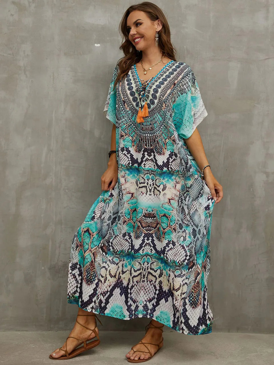 2023 Priint Maxi Dress Beach Cover Up Kaftan Robe Plage Pareos V Neck Long Dresses Summer Women Bathing Suit Cover Up Beachwear