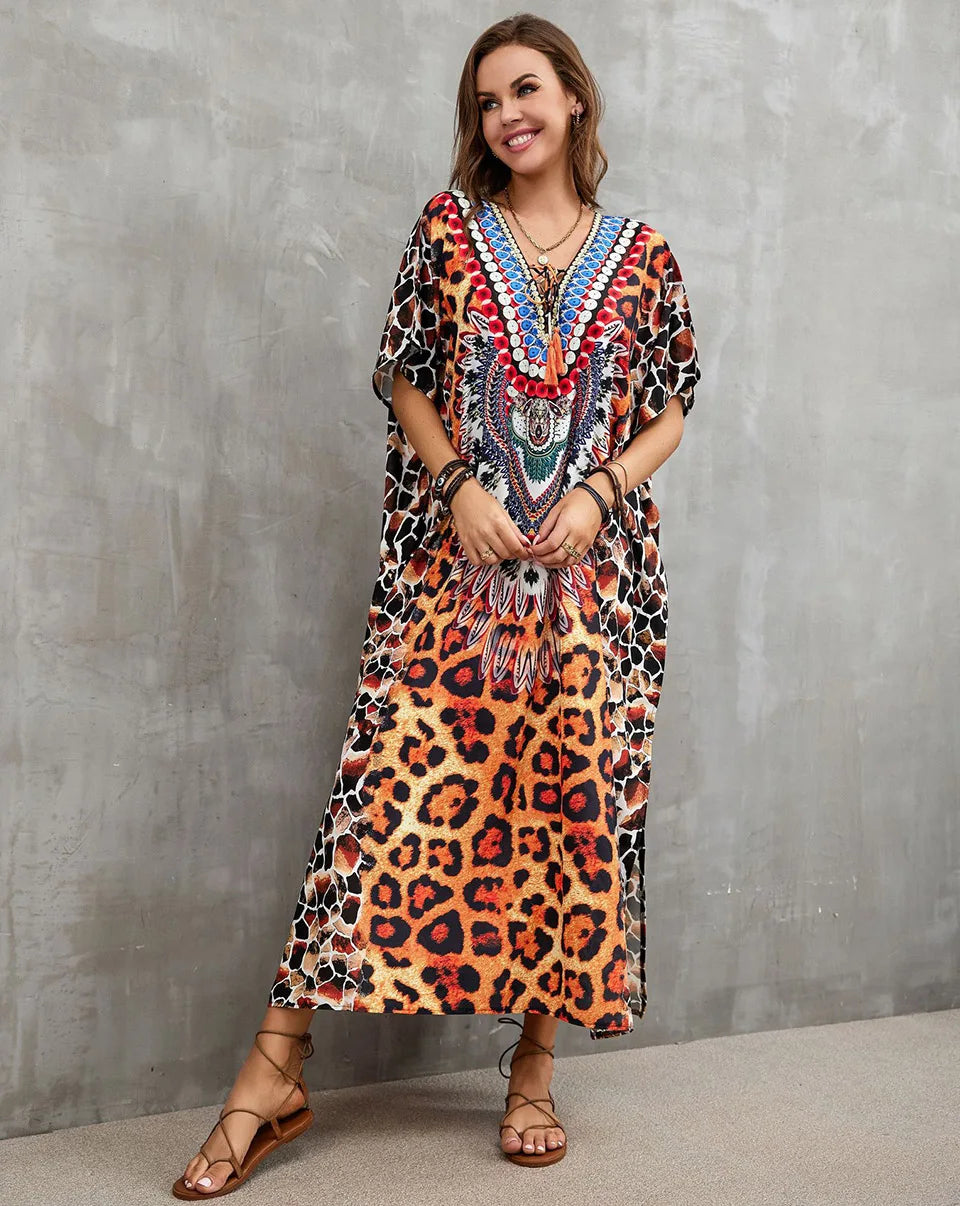 2023 Priint Maxi Dress Beach Cover Up Kaftan Robe Plage Pareos V Neck Long Dresses Summer Women Bathing Suit Cover Up Beachwear