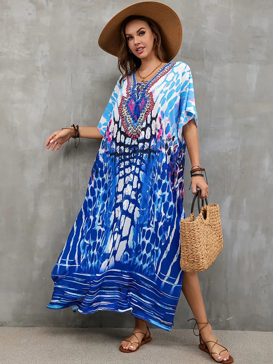 2023 Priint Maxi Dress Beach Cover Up Kaftan Robe Plage Pareos V Neck Long Dresses Summer Women Bathing Suit Cover Up Beachwear