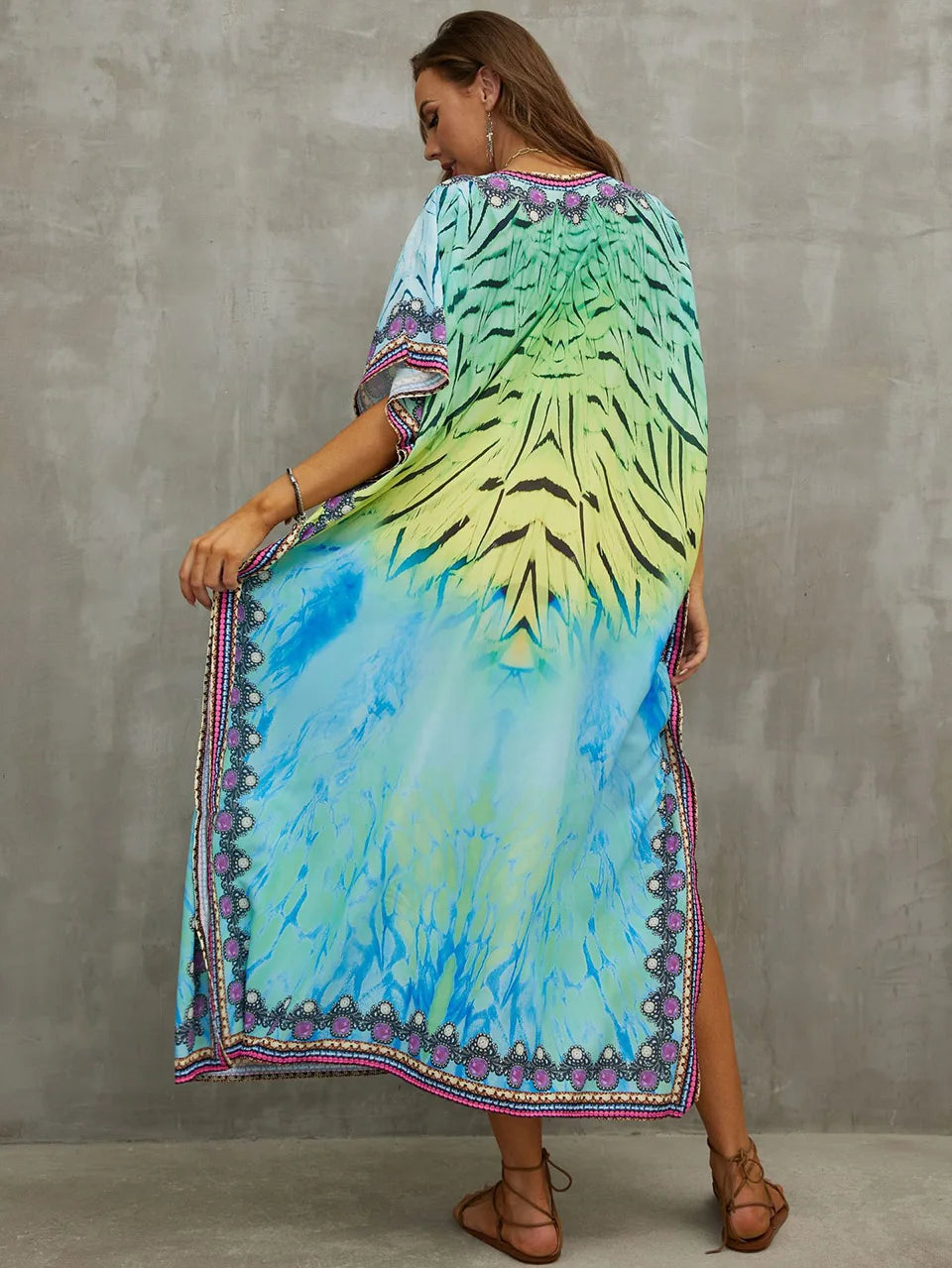 2023 Priint Maxi Dress Beach Cover Up Kaftan Robe Plage Pareos V Neck Long Dresses Summer Women Bathing Suit Cover Up Beachwear