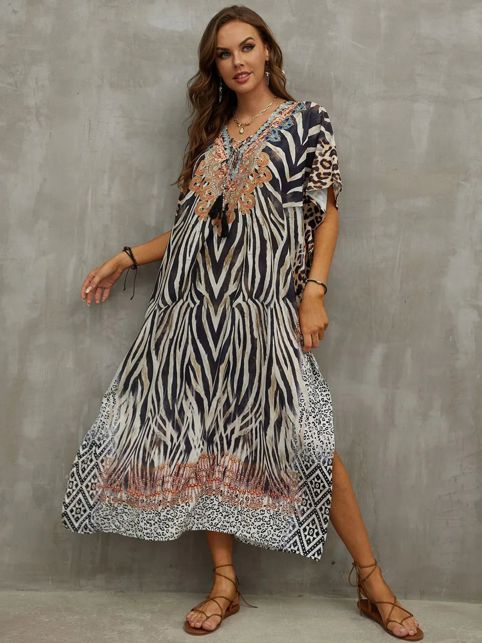 2023 Priint Maxi Dress Beach Cover Up Kaftan Robe Plage Pareos V Neck Long Dresses Summer Women Bathing Suit Cover Up Beachwear