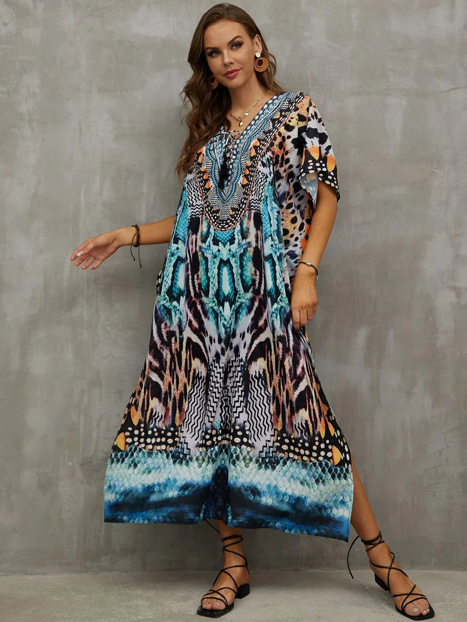 2023 Priint Maxi Dress Beach Cover Up Kaftan Robe Plage Pareos V Neck Long Dresses Summer Women Bathing Suit Cover Up Beachwear