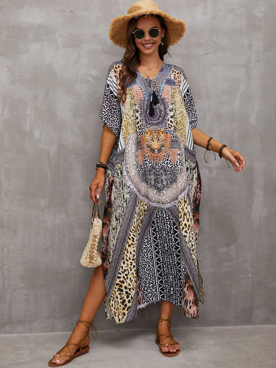 2023 Priint Maxi Dress Beach Cover Up Kaftan Robe Plage Pareos V Neck Long Dresses Summer Women Bathing Suit Cover Up Beachwear