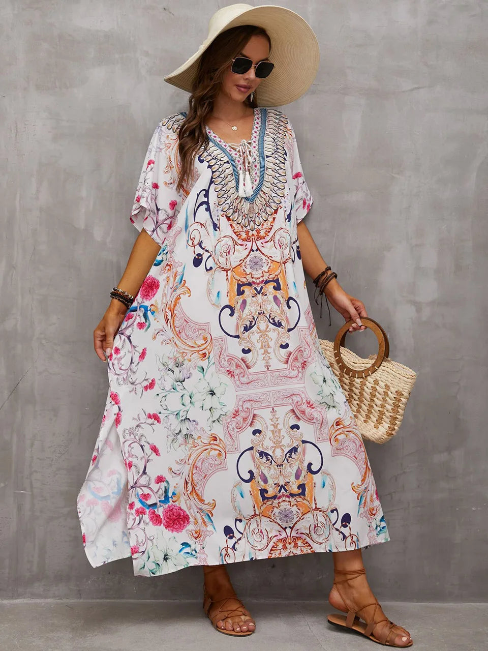 2023 Priint Maxi Dress Beach Cover Up Kaftan Robe Plage Pareos V Neck Long Dresses Summer Women Bathing Suit Cover Up Beachwear