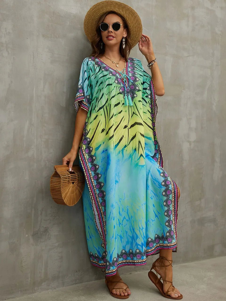 2023 Priint Maxi Dress Beach Cover Up Kaftan Robe Plage Pareos V Neck Long Dresses Summer Women Bathing Suit Cover Up Beachwear