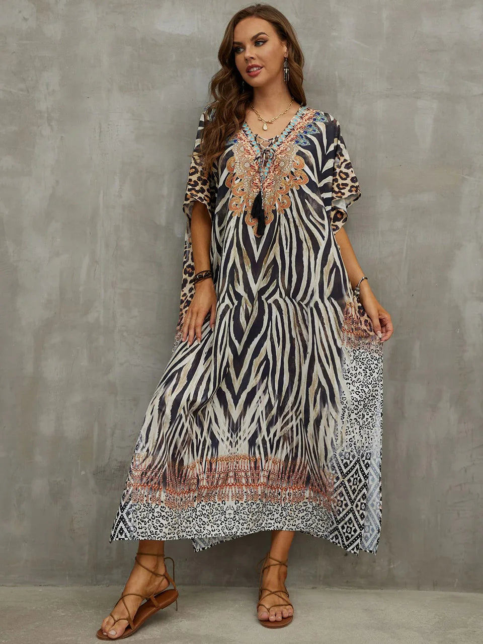 2023 Priint Maxi Dress Beach Cover Up Kaftan Robe Plage Pareos V Neck Long Dresses Summer Women Bathing Suit Cover Up Beachwear
