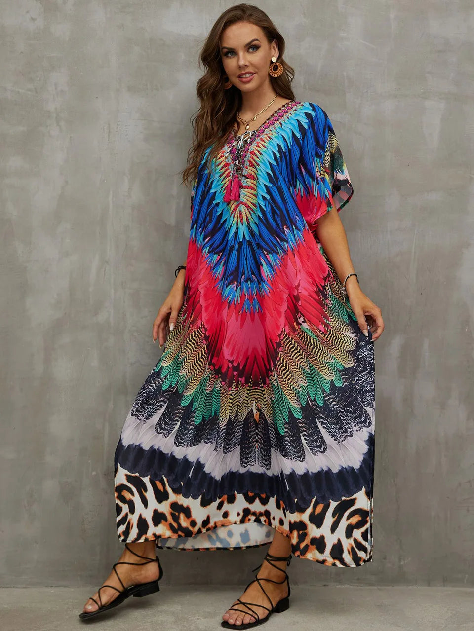 2023 Priint Maxi Dress Beach Cover Up Kaftan Robe Plage Pareos V Neck Long Dresses Summer Women Bathing Suit Cover Up Beachwear