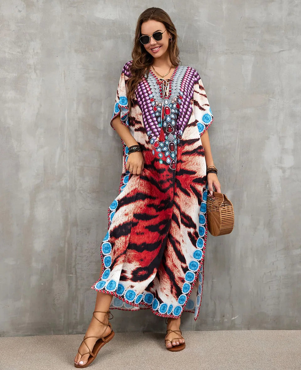 2023 Priint Maxi Dress Beach Cover Up Kaftan Robe Plage Pareos V Neck Long Dresses Summer Women Bathing Suit Cover Up Beachwear