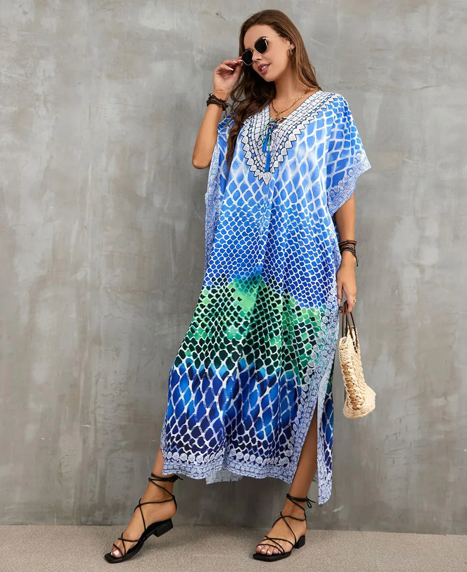 2023 Priint Maxi Dress Beach Cover Up Kaftan Robe Plage Pareos V Neck Long Dresses Summer Women Bathing Suit Cover Up Beachwear