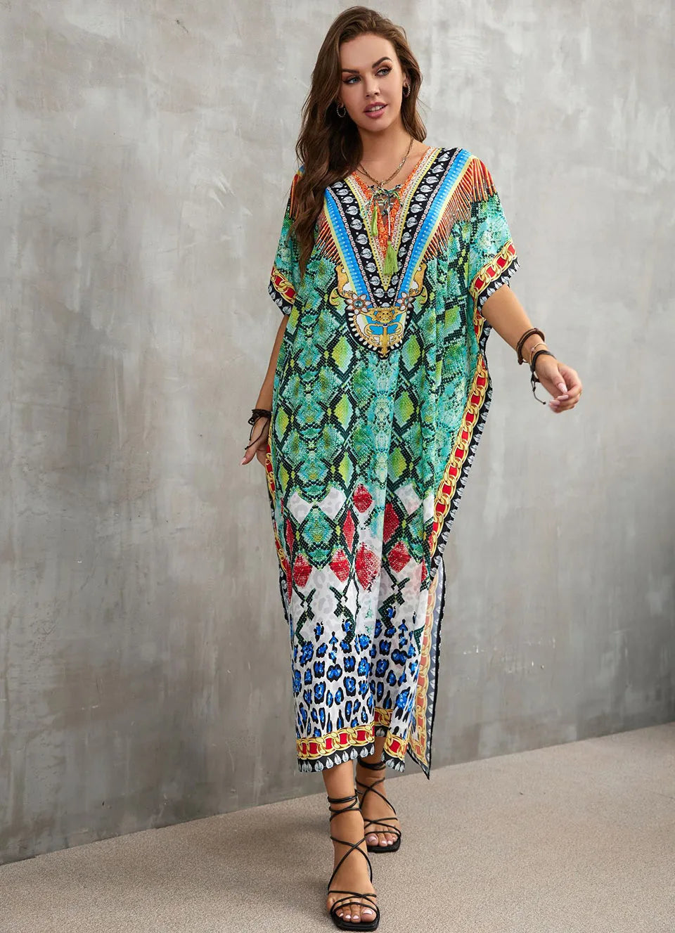 2023 Priint Maxi Dress Beach Cover Up Kaftan Robe Plage Pareos V Neck Long Dresses Summer Women Bathing Suit Cover Up Beachwear