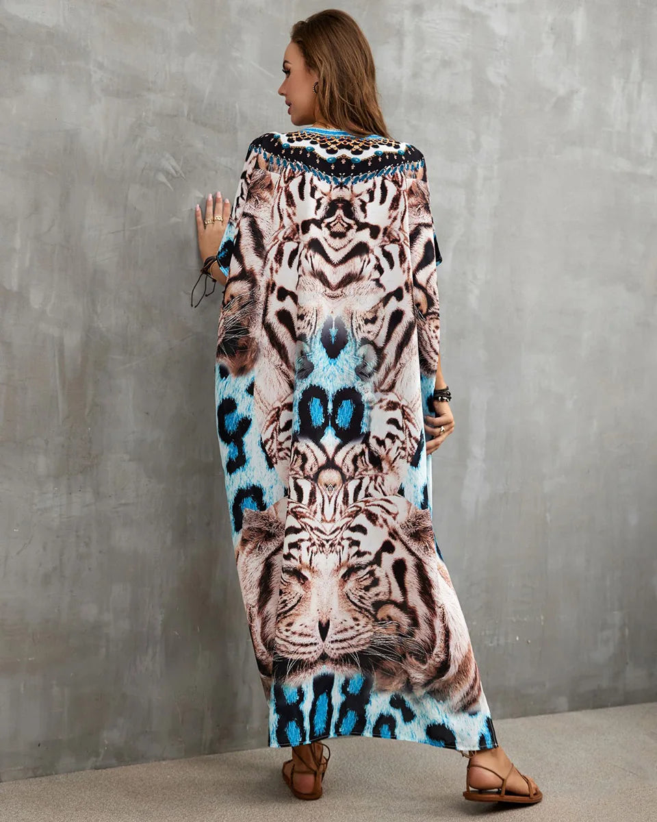 2023 Priint Maxi Dress Beach Cover Up Kaftan Robe Plage Pareos V Neck Long Dresses Summer Women Bathing Suit Cover Up Beachwear