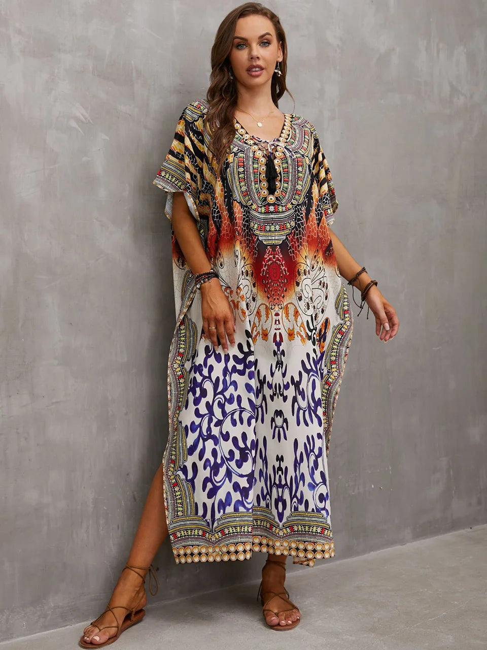 2023 Priint Maxi Dress Beach Cover Up Kaftan Robe Plage Pareos V Neck Long Dresses Summer Women Bathing Suit Cover Up Beachwear