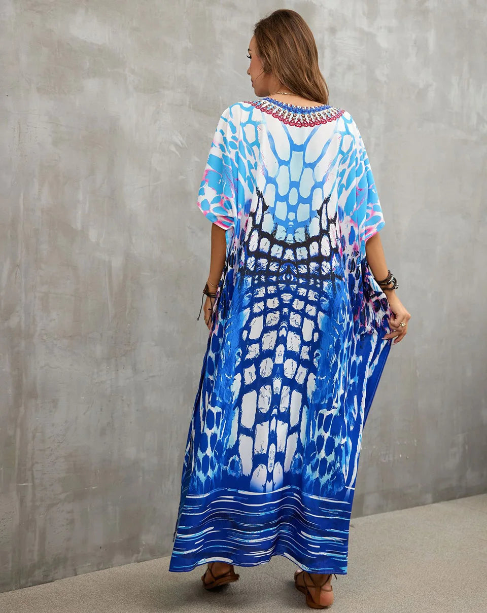 2023 Priint Maxi Dress Beach Cover Up Kaftan Robe Plage Pareos V Neck Long Dresses Summer Women Bathing Suit Cover Up Beachwear