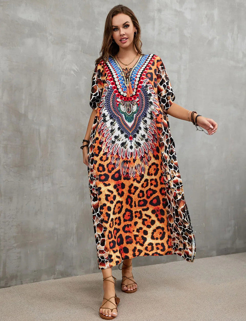 2023 Priint Maxi Dress Beach Cover Up Kaftan Robe Plage Pareos V Neck Long Dresses Summer Women Bathing Suit Cover Up Beachwear