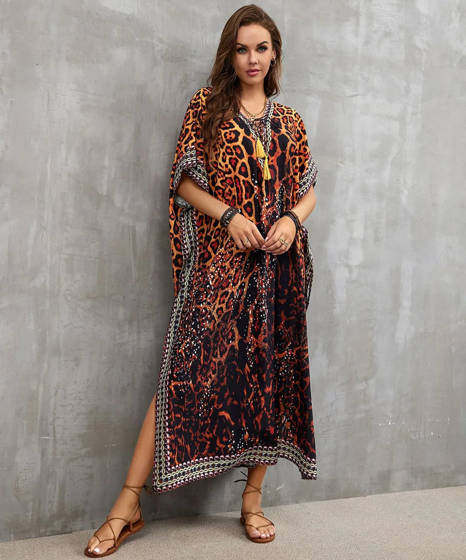 2023 Priint Maxi Dress Beach Cover Up Kaftan Robe Plage Pareos V Neck Long Dresses Summer Women Bathing Suit Cover Up Beachwear