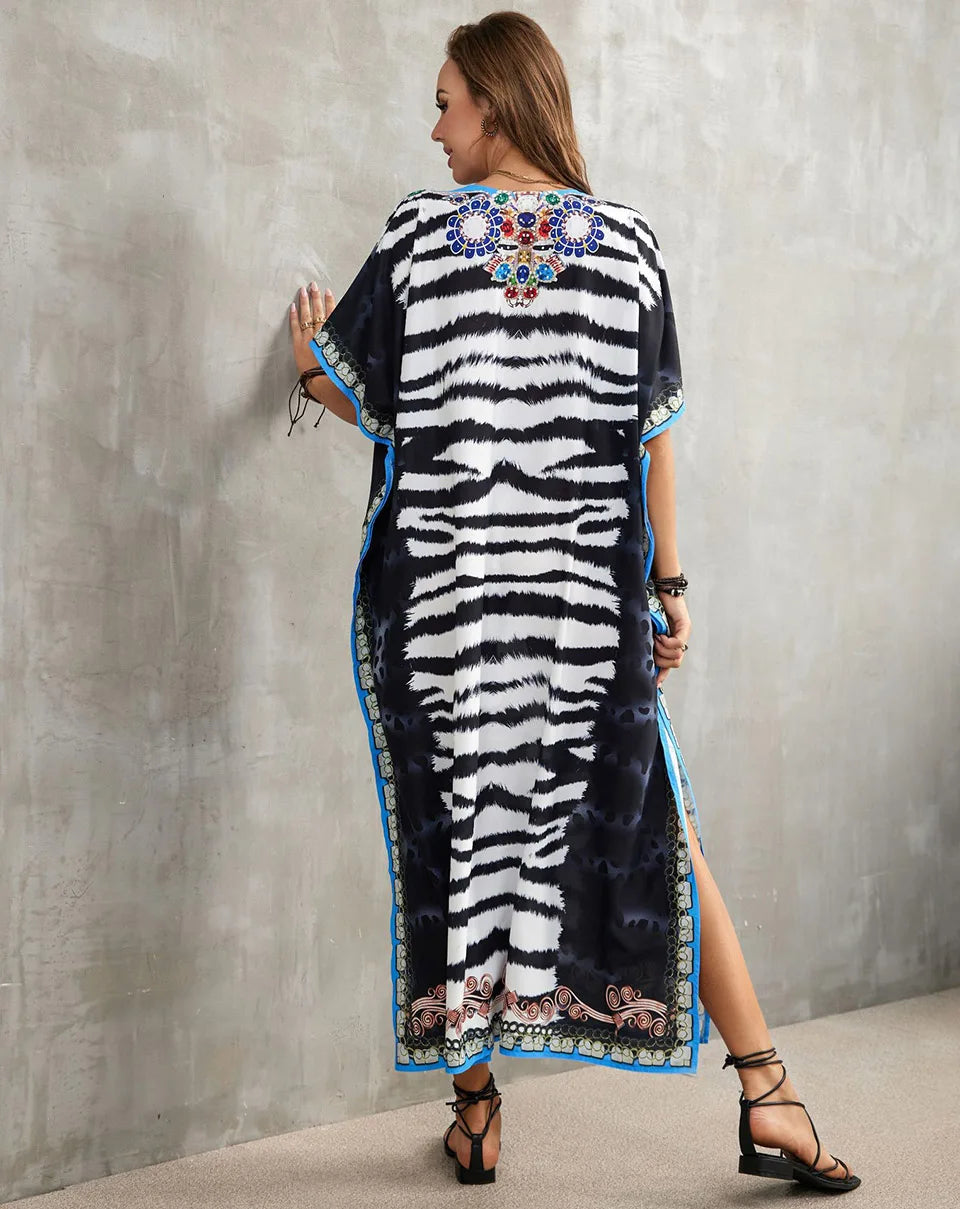 2023 Priint Maxi Dress Beach Cover Up Kaftan Robe Plage Pareos V Neck Long Dresses Summer Women Bathing Suit Cover Up Beachwear
