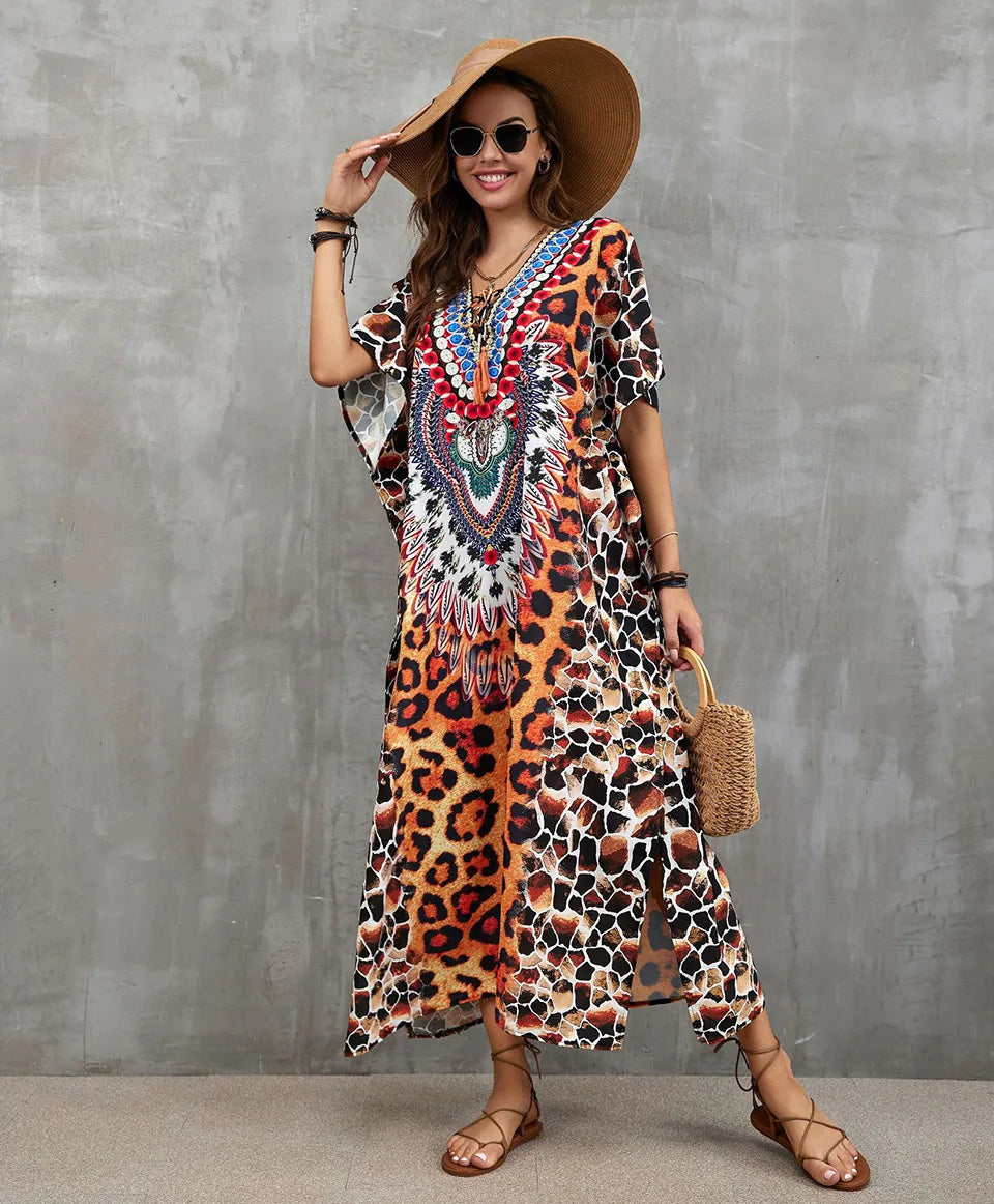 2023 Priint Maxi Dress Beach Cover Up Kaftan Robe Plage Pareos V Neck Long Dresses Summer Women Bathing Suit Cover Up Beachwear