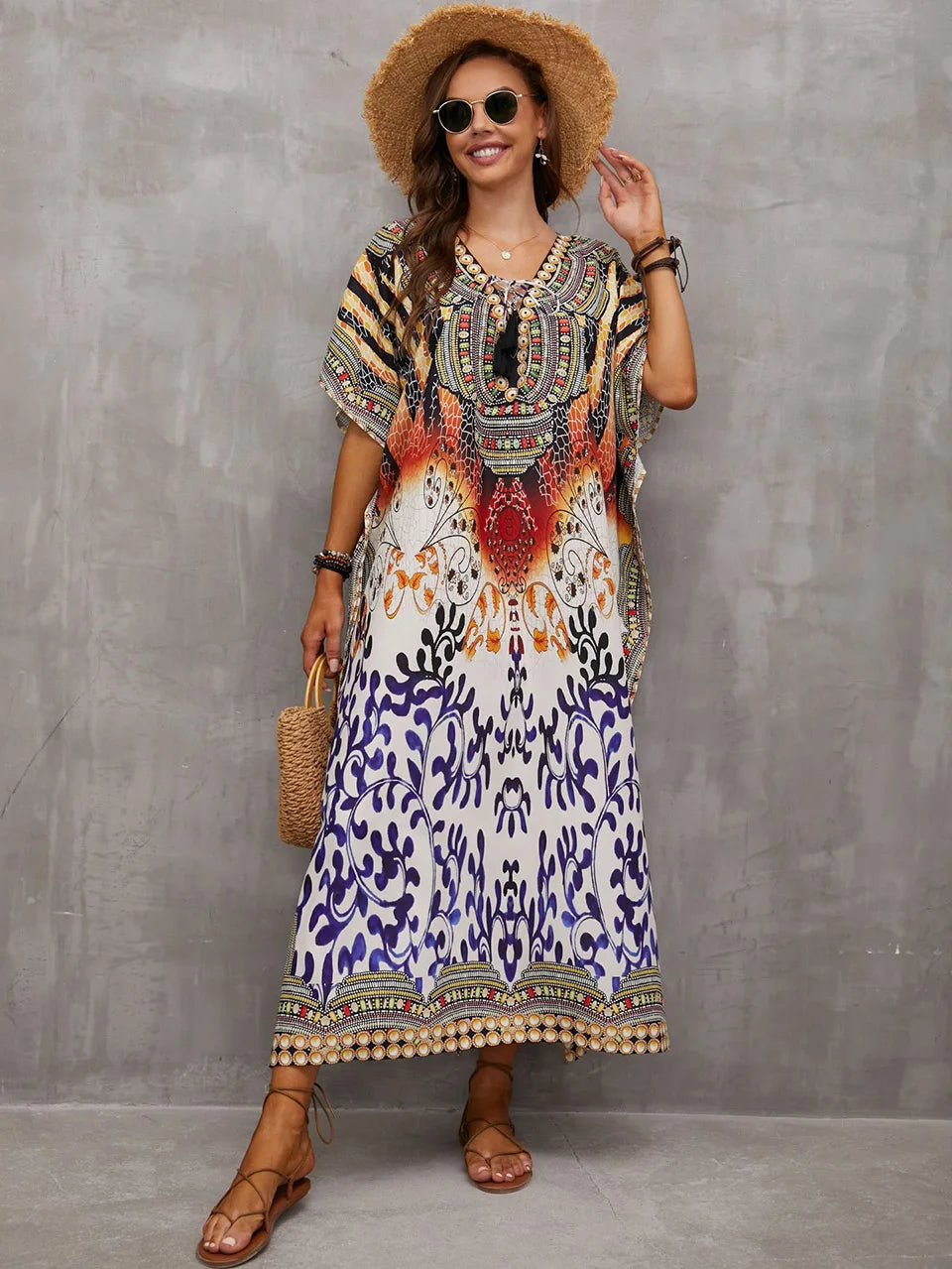2023 Priint Maxi Dress Beach Cover Up Kaftan Robe Plage Pareos V Neck Long Dresses Summer Women Bathing Suit Cover Up Beachwear
