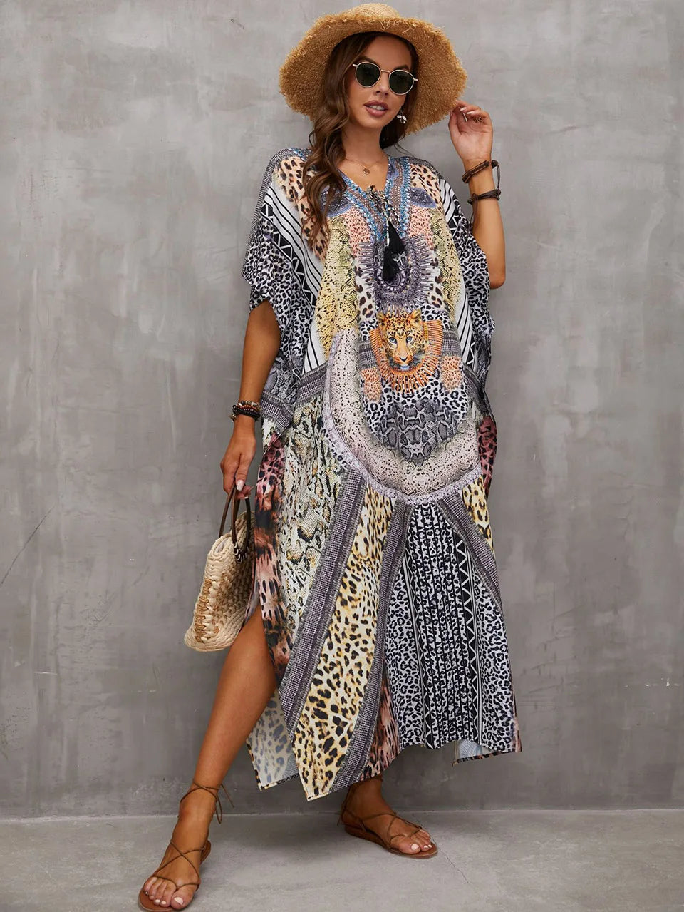 2023 Priint Maxi Dress Beach Cover Up Kaftan Robe Plage Pareos V Neck Long Dresses Summer Women Bathing Suit Cover Up Beachwear