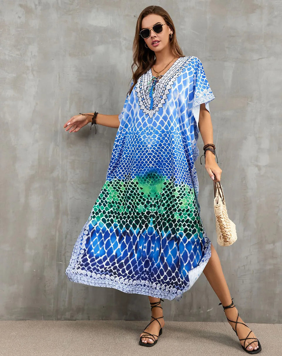 2023 Priint Maxi Dress Beach Cover Up Kaftan Robe Plage Pareos V Neck Long Dresses Summer Women Bathing Suit Cover Up Beachwear