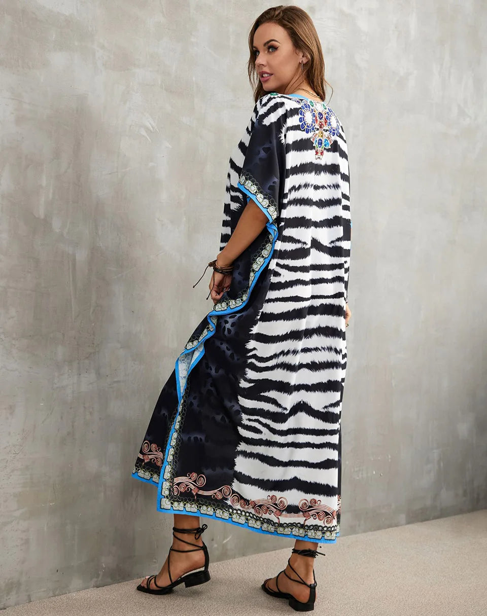 2023 Priint Maxi Dress Beach Cover Up Kaftan Robe Plage Pareos V Neck Long Dresses Summer Women Bathing Suit Cover Up Beachwear