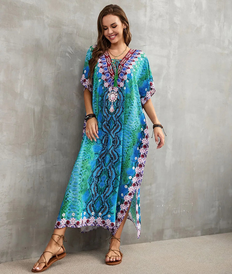 2023 Priint Maxi Dress Beach Cover Up Kaftan Robe Plage Pareos V Neck Long Dresses Summer Women Bathing Suit Cover Up Beachwear
