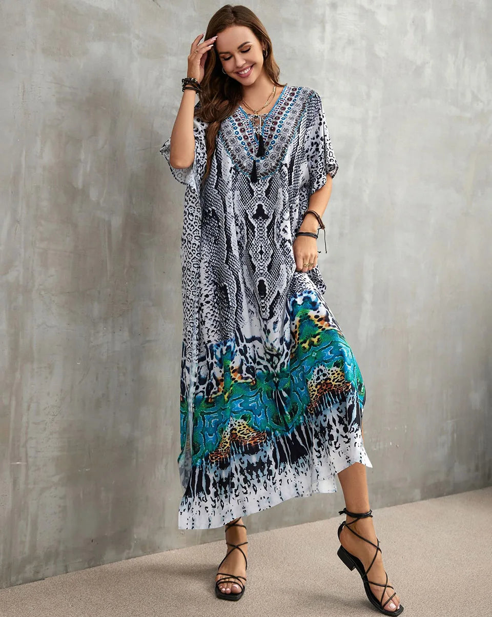 2023 Priint Maxi Dress Beach Cover Up Kaftan Robe Plage Pareos V Neck Long Dresses Summer Women Bathing Suit Cover Up Beachwear