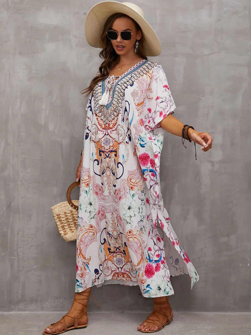 2023 Priint Maxi Dress Beach Cover Up Kaftan Robe Plage Pareos V Neck Long Dresses Summer Women Bathing Suit Cover Up Beachwear