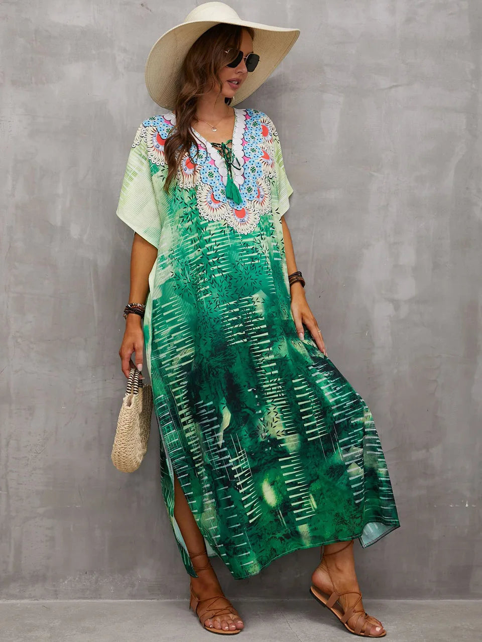2023 Priint Maxi Dress Beach Cover Up Kaftan Robe Plage Pareos V Neck Long Dresses Summer Women Bathing Suit Cover Up Beachwear