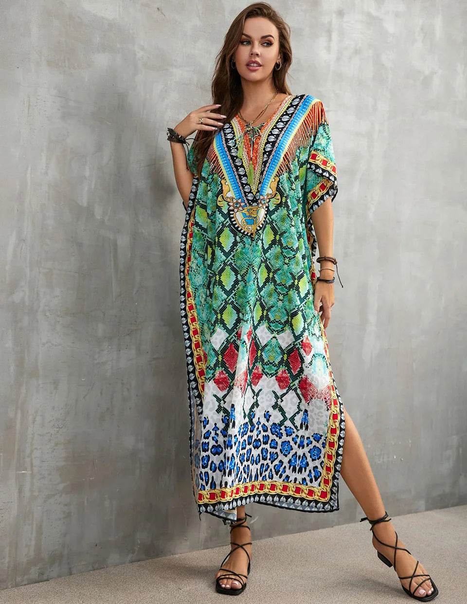 2023 Priint Maxi Dress Beach Cover Up Kaftan Robe Plage Pareos V Neck Long Dresses Summer Women Bathing Suit Cover Up Beachwear