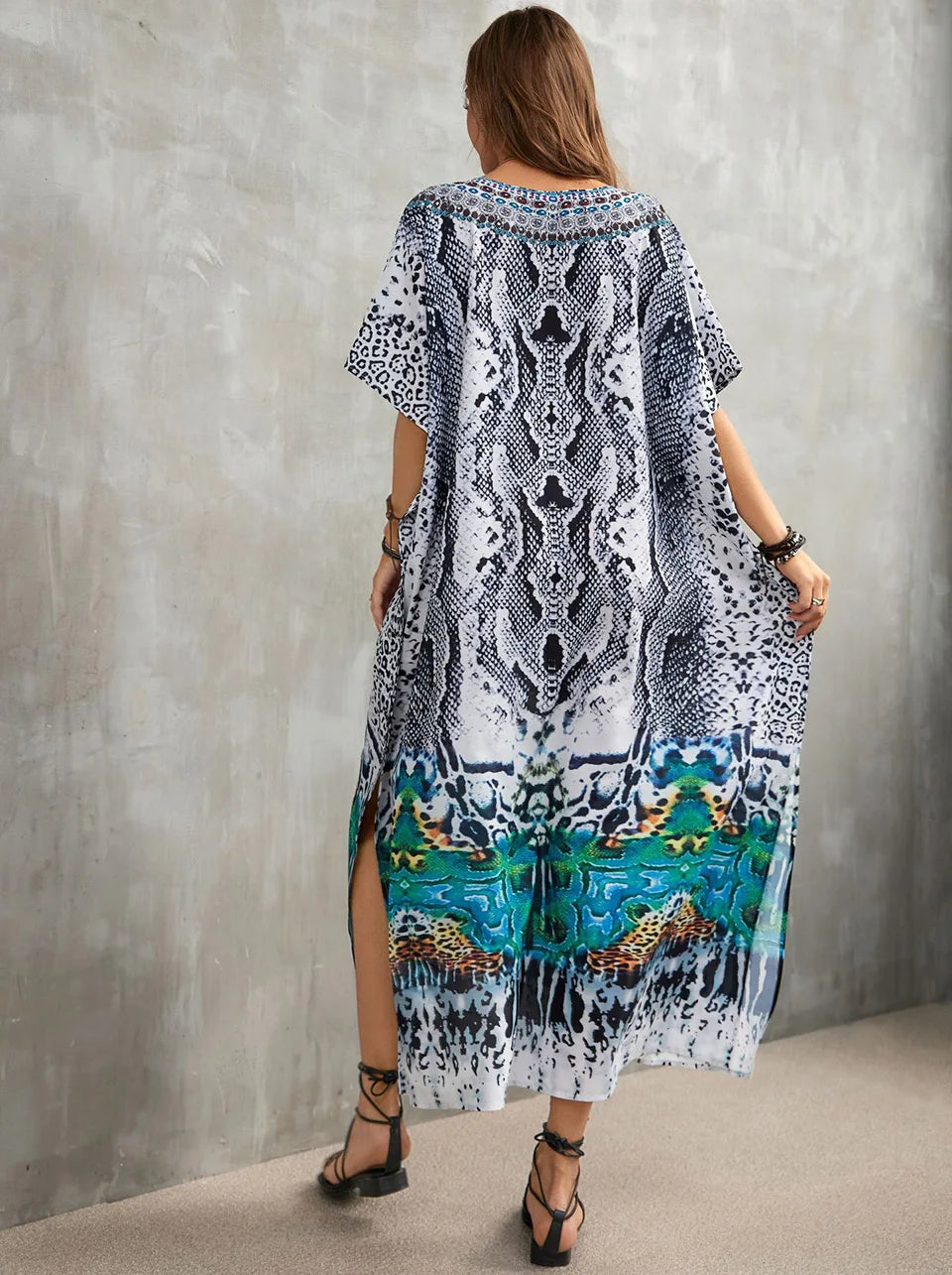 2023 Priint Maxi Dress Beach Cover Up Kaftan Robe Plage Pareos V Neck Long Dresses Summer Women Bathing Suit Cover Up Beachwear