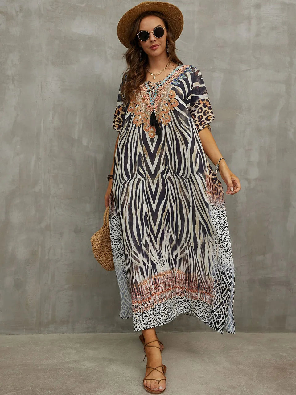 2023 Priint Maxi Dress Beach Cover Up Kaftan Robe Plage Pareos V Neck Long Dresses Summer Women Bathing Suit Cover Up Beachwear