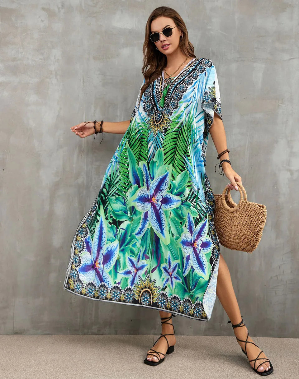 2023 Priint Maxi Dress Beach Cover Up Kaftan Robe Plage Pareos V Neck Long Dresses Summer Women Bathing Suit Cover Up Beachwear