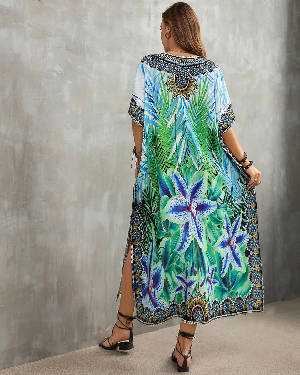 2023 Priint Maxi Dress Beach Cover Up Kaftan Robe Plage Pareos V Neck Long Dresses Summer Women Bathing Suit Cover Up Beachwear