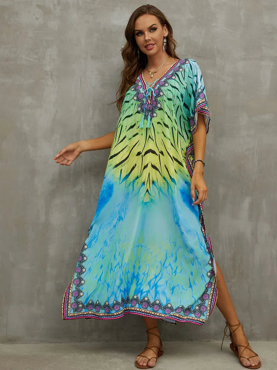 2023 Priint Maxi Dress Beach Cover Up Kaftan Robe Plage Pareos V Neck Long Dresses Summer Women Bathing Suit Cover Up Beachwear