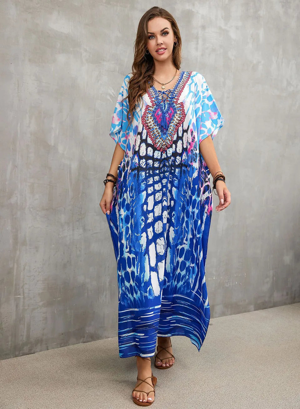 2023 Priint Maxi Dress Beach Cover Up Kaftan Robe Plage Pareos V Neck Long Dresses Summer Women Bathing Suit Cover Up Beachwear